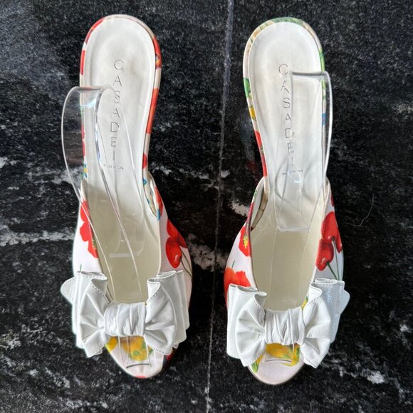 Casadei Retro White Open-Toe Mule Heels with Bow Detail Women's Size 6.5 - Picture 3 of 15